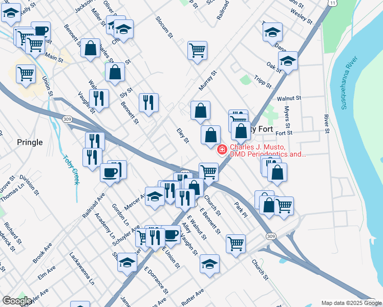 map of restaurants, bars, coffee shops, grocery stores, and more near 66 Eley Street in Kingston