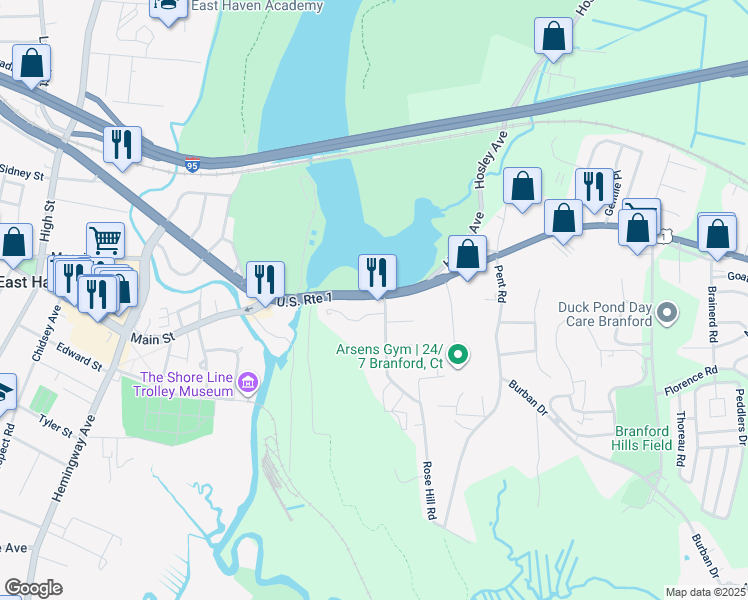 map of restaurants, bars, coffee shops, grocery stores, and more near 83 West Main Street in Branford