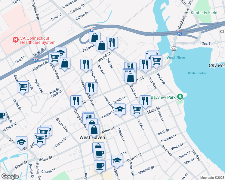 map of restaurants, bars, coffee shops, grocery stores, and more near 184 Elm St in West Haven