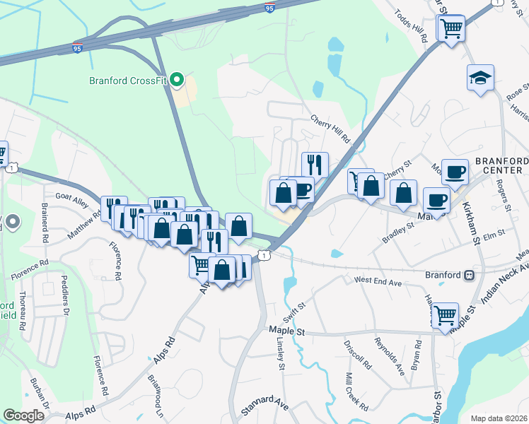 map of restaurants, bars, coffee shops, grocery stores, and more near Montoya Cir & Commercial Pkwy in Branford