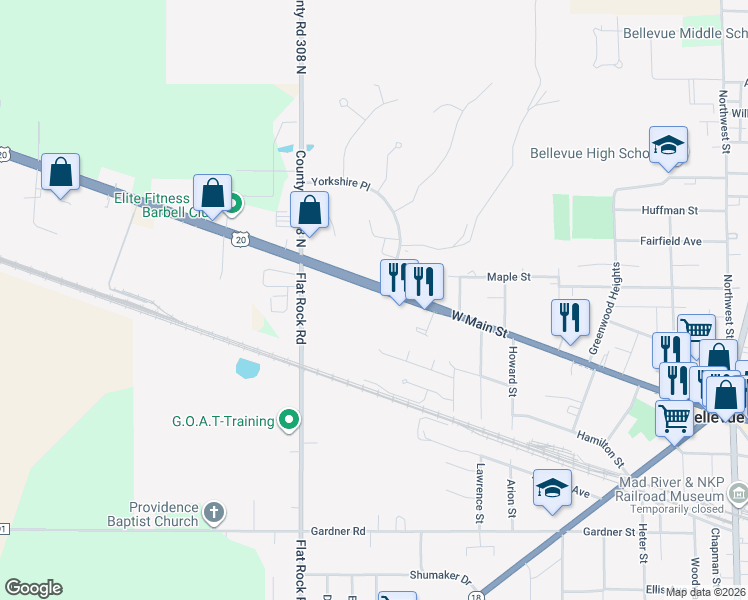 map of restaurants, bars, coffee shops, grocery stores, and more near 715 W Main St in Bellevue