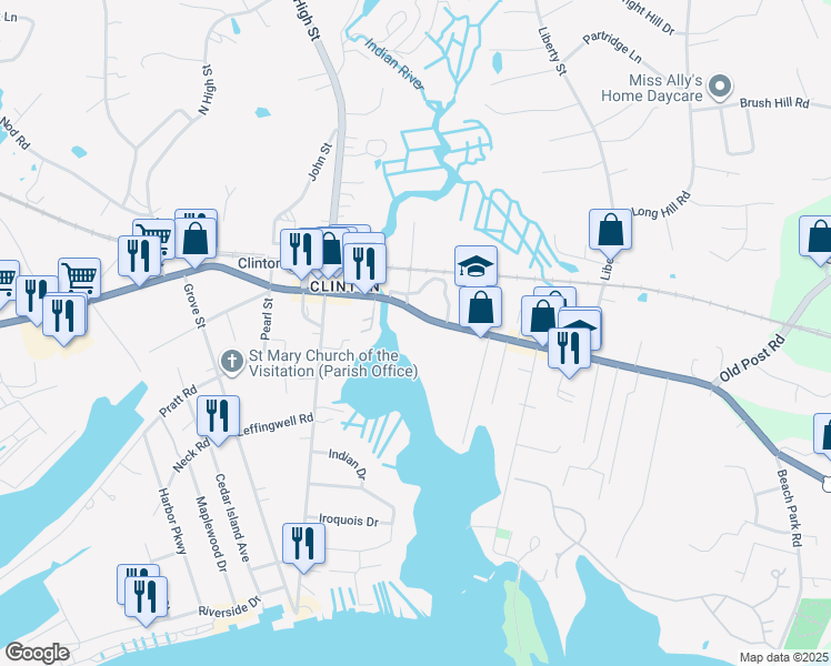 map of restaurants, bars, coffee shops, grocery stores, and more near 54 East Main Street in Clinton