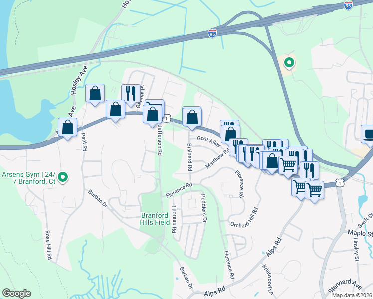 map of restaurants, bars, coffee shops, grocery stores, and more near 25A Brainerd Road in Branford