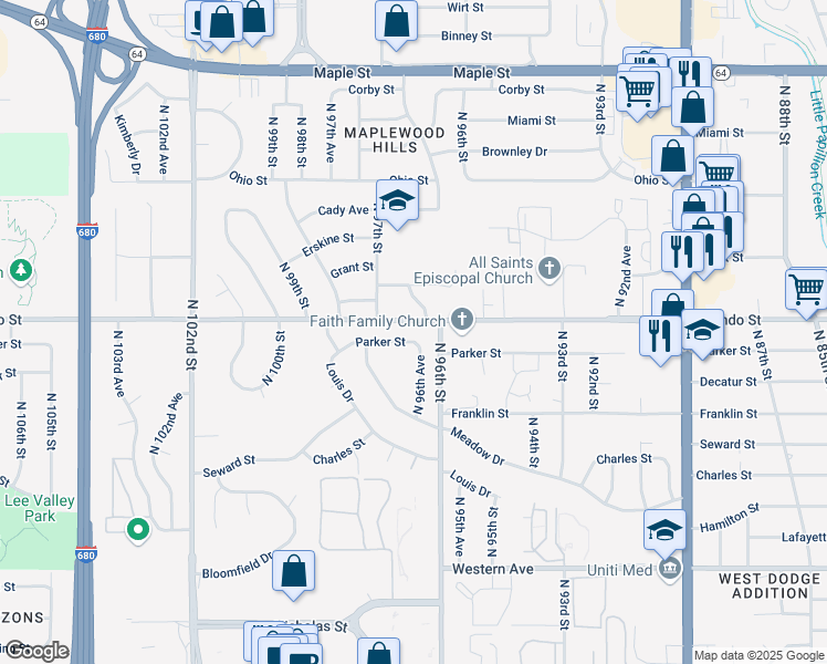 map of restaurants, bars, coffee shops, grocery stores, and more near 1488 North 96th Avenue in Omaha