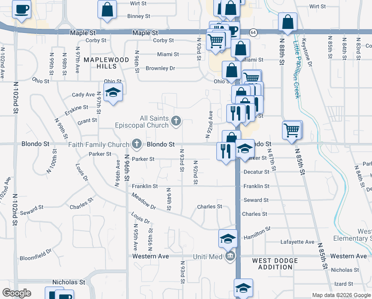 map of restaurants, bars, coffee shops, grocery stores, and more near 9248 Parker Street in Omaha