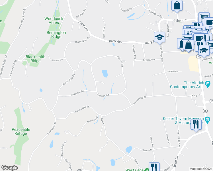 map of restaurants, bars, coffee shops, grocery stores, and more near 60 Holmes Road in Ridgefield