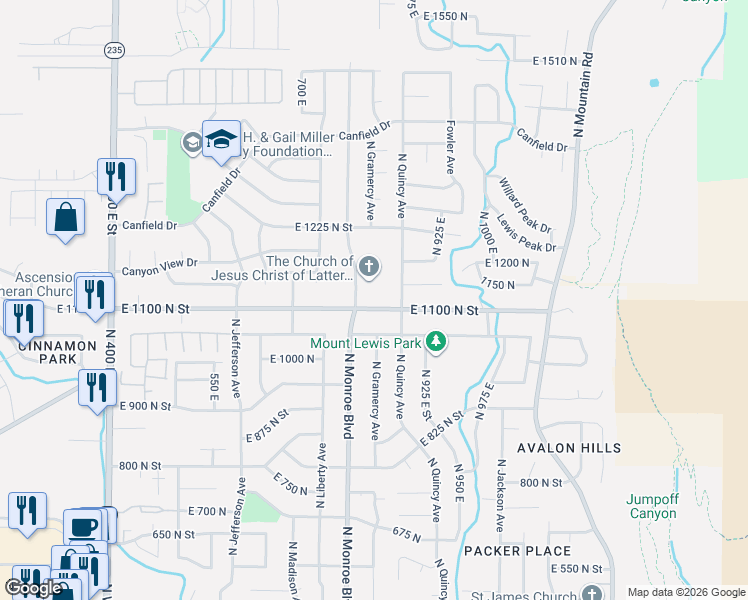 map of restaurants, bars, coffee shops, grocery stores, and more near 836 East 1100 North in Ogden