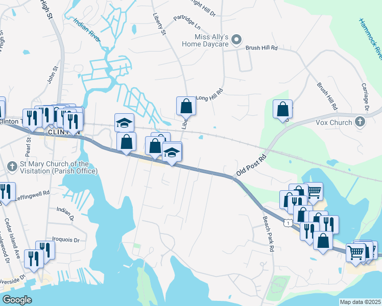 map of restaurants, bars, coffee shops, grocery stores, and more near 135 East Main Street in Clinton