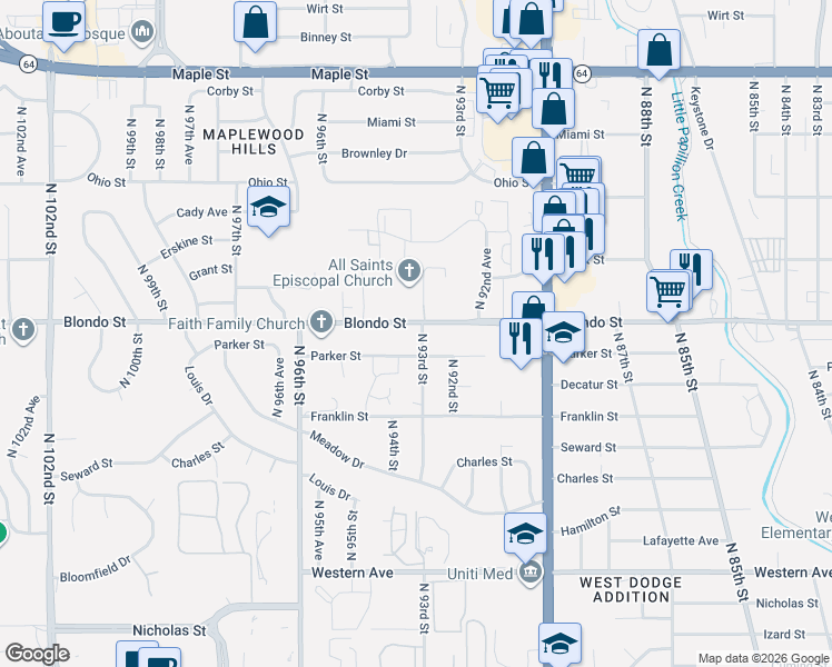 map of restaurants, bars, coffee shops, grocery stores, and more near 9248 Parker Street in Omaha