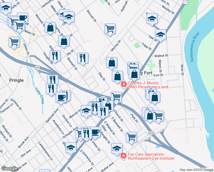 map of restaurants, bars, coffee shops, grocery stores, and more near 66 Eley Street in Kingston