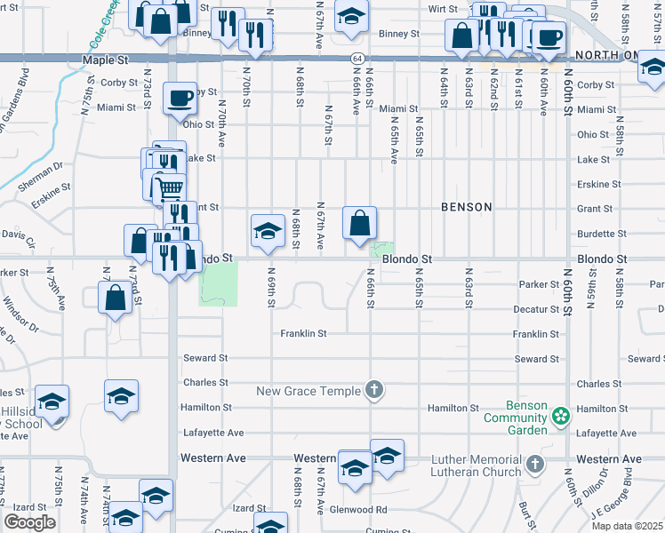 map of restaurants, bars, coffee shops, grocery stores, and more near 6713 Blondo Street in Omaha