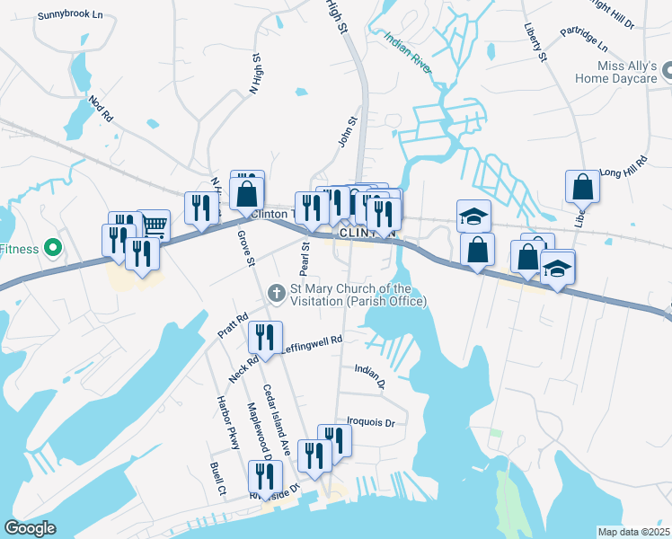 map of restaurants, bars, coffee shops, grocery stores, and more near 19 Commerce Street in Clinton