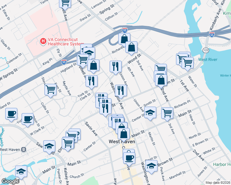 map of restaurants, bars, coffee shops, grocery stores, and more near 674 Washington Avenue in West Haven