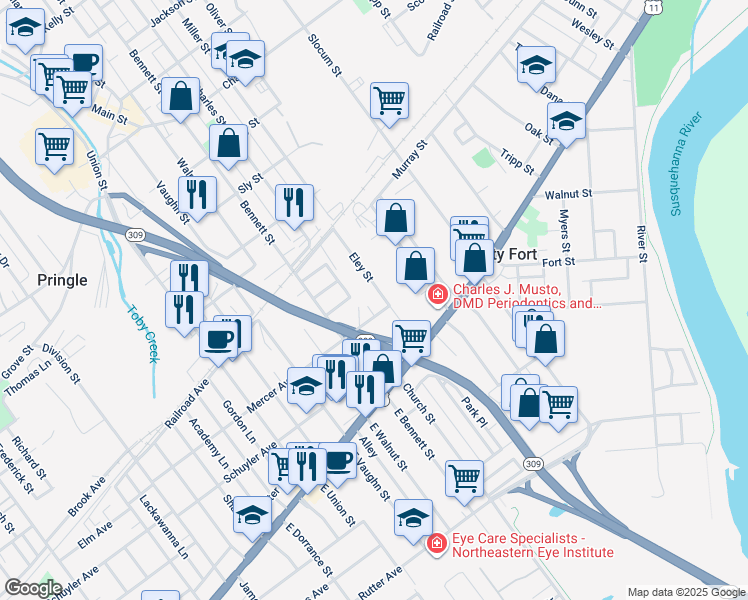 map of restaurants, bars, coffee shops, grocery stores, and more near 68 Eley Street in Kingston