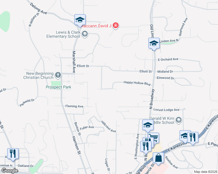 map of restaurants, bars, coffee shops, grocery stores, and more near 347 Happy Hollow Boulevard in Council Bluffs