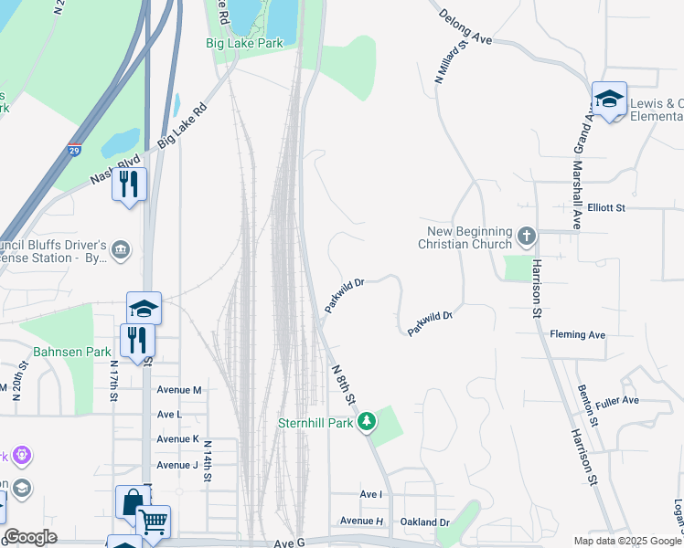 map of restaurants, bars, coffee shops, grocery stores, and more near 750 Parkwild Drive in Council Bluffs
