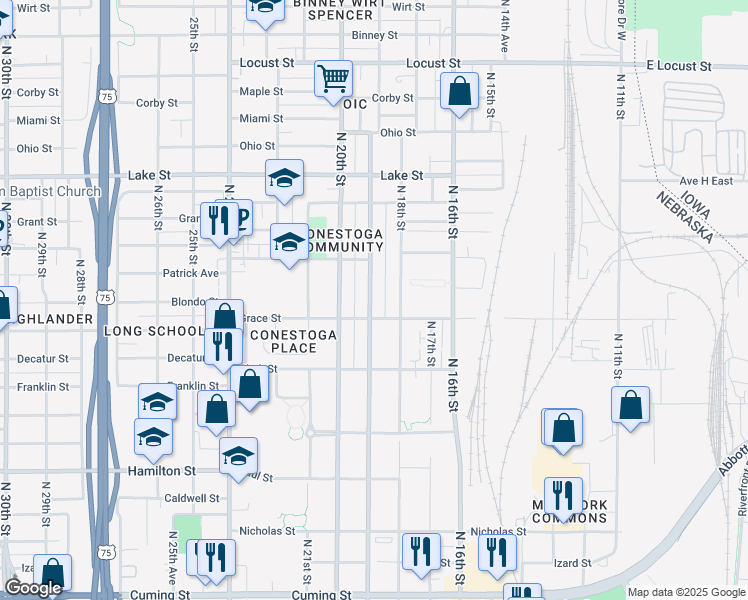 map of restaurants, bars, coffee shops, grocery stores, and more near 2004 Florence Boulevard in Omaha