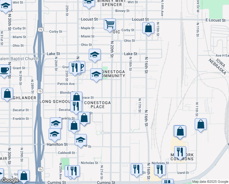 map of restaurants, bars, coffee shops, grocery stores, and more near 2004 Florence Boulevard in Omaha