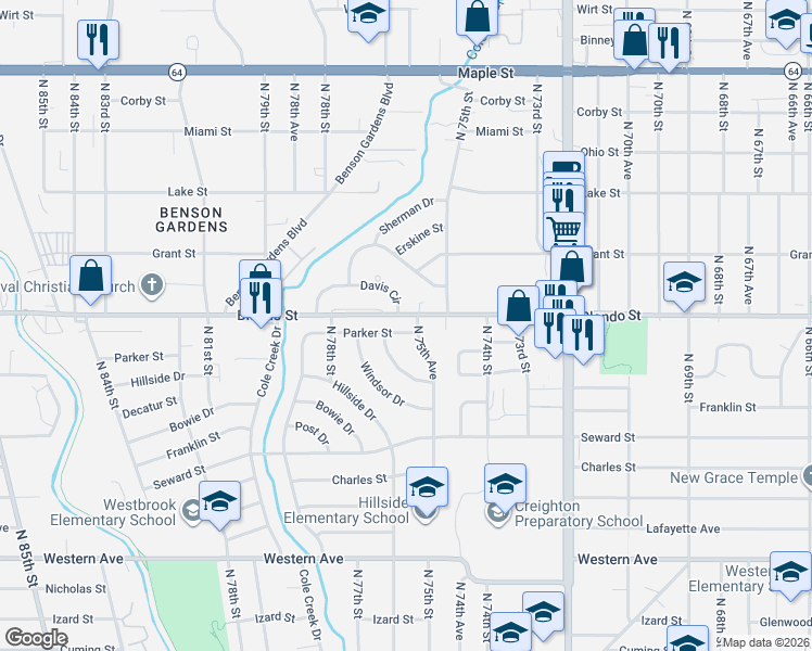 map of restaurants, bars, coffee shops, grocery stores, and more near 1848 North 75th Avenue in Omaha