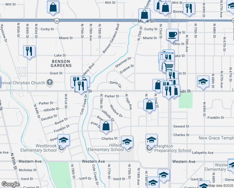 map of restaurants, bars, coffee shops, grocery stores, and more near 7645 Springfield Drive in Omaha