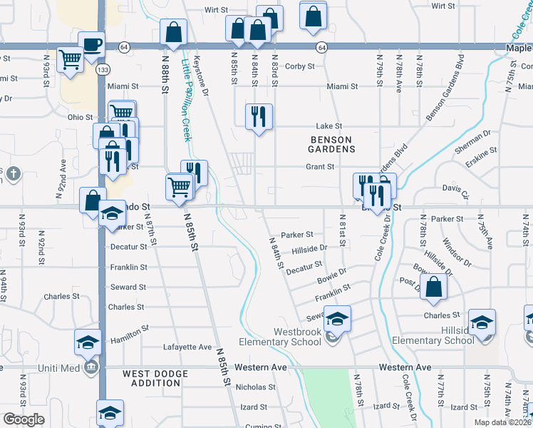 map of restaurants, bars, coffee shops, grocery stores, and more near 8333 Parker Court in Omaha
