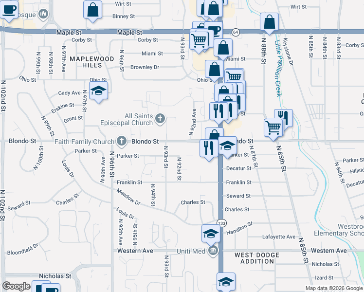 map of restaurants, bars, coffee shops, grocery stores, and more near 9216 Parker Street in Omaha