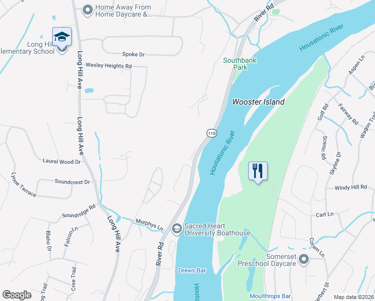 map of restaurants, bars, coffee shops, grocery stores, and more near 665 River Road in Shelton