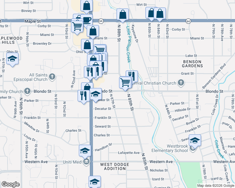 map of restaurants, bars, coffee shops, grocery stores, and more near 8650 Parker Street in Omaha