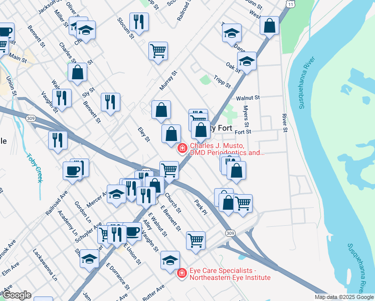 map of restaurants, bars, coffee shops, grocery stores, and more near 21 East Pettebone Street in Forty Fort