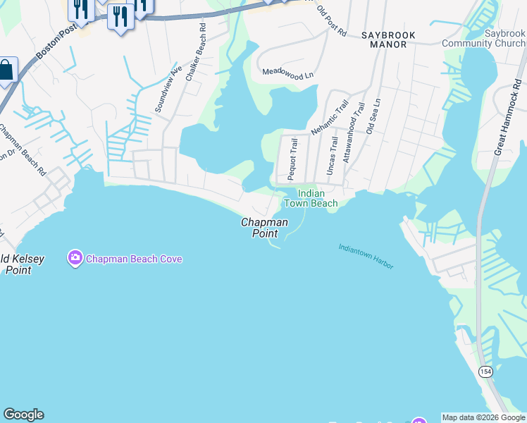 map of restaurants, bars, coffee shops, grocery stores, and more near 1 Shetucket Trail in Old Saybrook