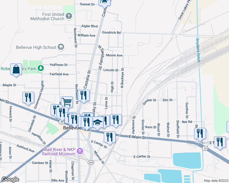 map of restaurants, bars, coffee shops, grocery stores, and more near 228 High Street in Bellevue