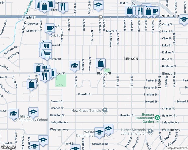 map of restaurants, bars, coffee shops, grocery stores, and more near 6711 Blondo Street in Omaha