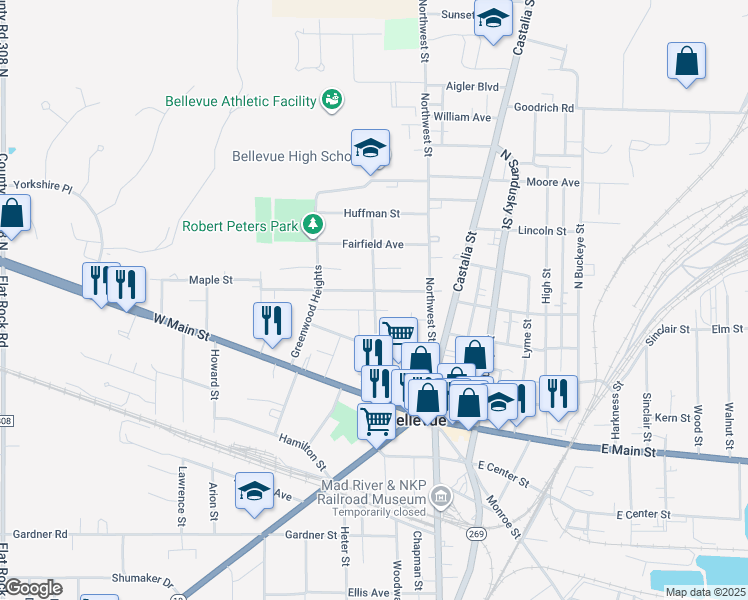 map of restaurants, bars, coffee shops, grocery stores, and more near 251 Euclid Avenue in Bellevue