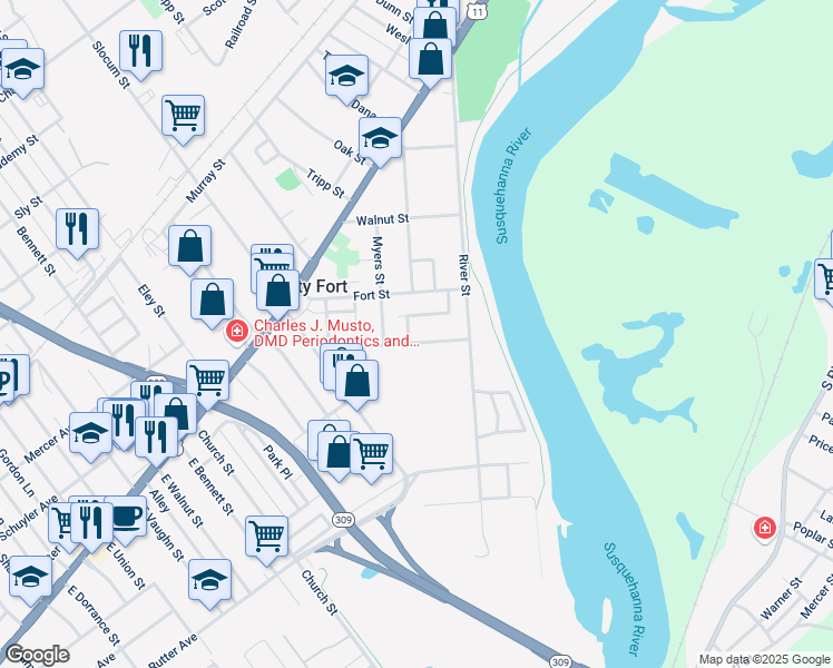 map of restaurants, bars, coffee shops, grocery stores, and more near 104 Butler St in Forty Fort