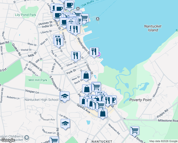 map of restaurants, bars, coffee shops, grocery stores, and more near 94 Orange Street in Nantucket