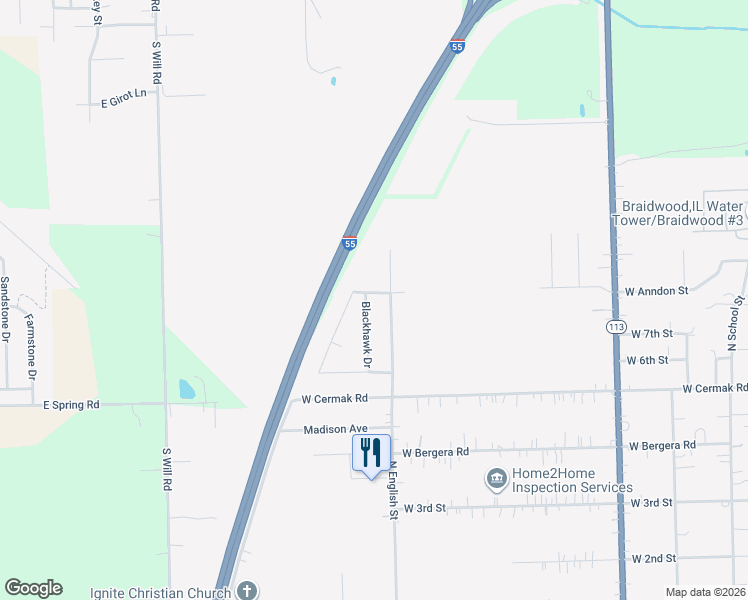 map of restaurants, bars, coffee shops, grocery stores, and more near 865 Blackhawk Drive in Braidwood