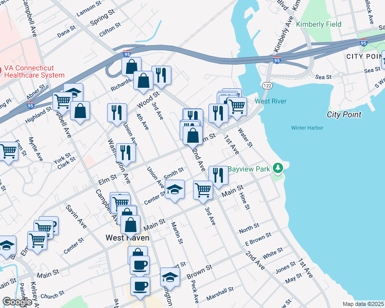 map of restaurants, bars, coffee shops, grocery stores, and more near 1 Smith Street in West Haven