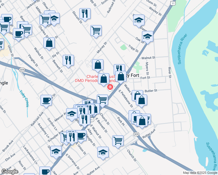 map of restaurants, bars, coffee shops, grocery stores, and more near 21 East Pettebone Street in Forty Fort
