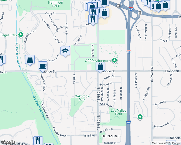 map of restaurants, bars, coffee shops, grocery stores, and more near 10808 Oakbrook Circle in Omaha