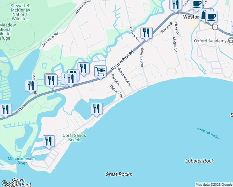 map of restaurants, bars, coffee shops, grocery stores, and more near 283 Seaside Avenue in Westbrook