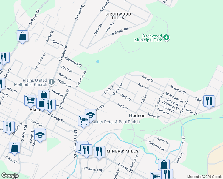 map of restaurants, bars, coffee shops, grocery stores, and more near 1-59 Merlino Dr in Wilkes-Barre