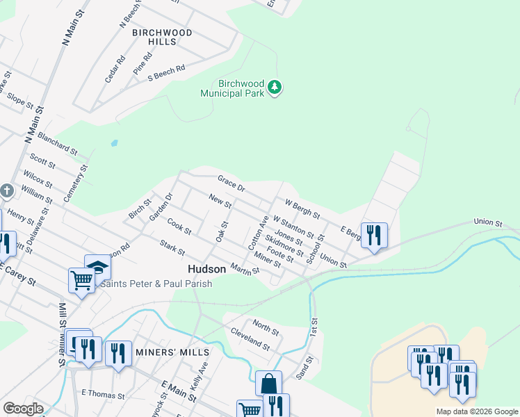 map of restaurants, bars, coffee shops, grocery stores, and more near 4 New Street in Hudson