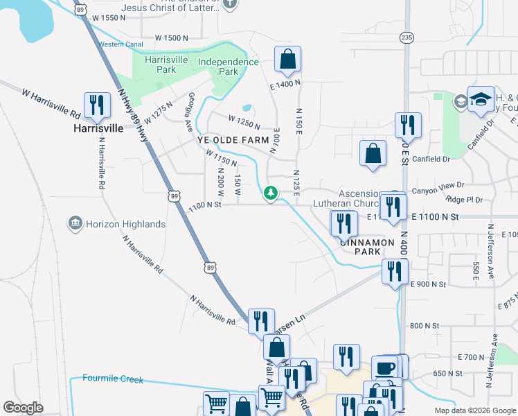 map of restaurants, bars, coffee shops, grocery stores, and more near 133 West 1100 North in Ogden