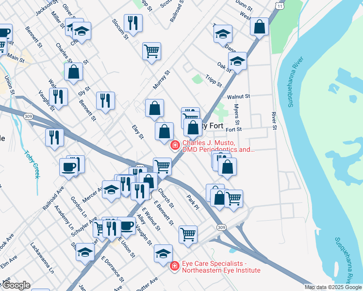 map of restaurants, bars, coffee shops, grocery stores, and more near 21 East Pettebone Street in Forty Fort