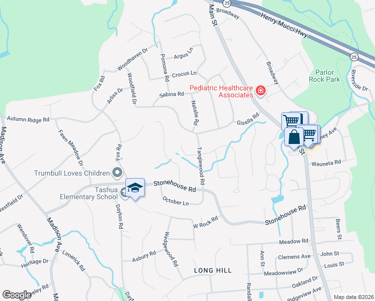 map of restaurants, bars, coffee shops, grocery stores, and more near 18 Tashua Lane in Trumbull