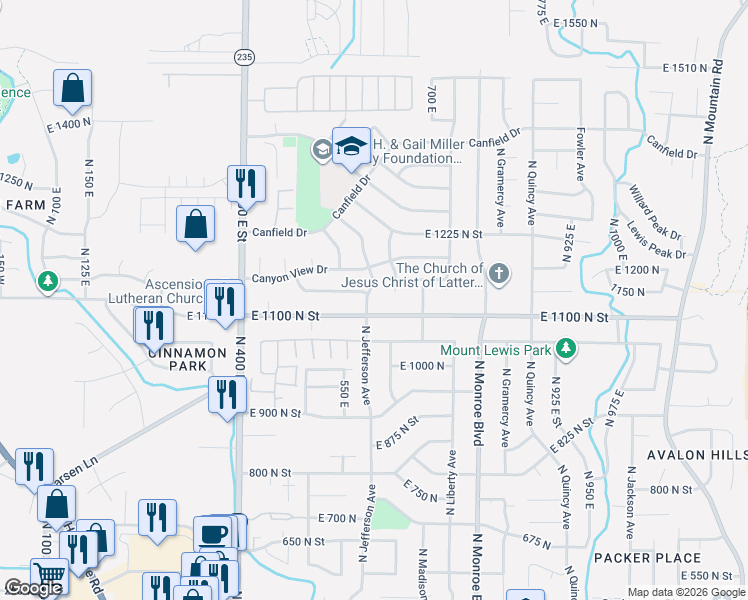map of restaurants, bars, coffee shops, grocery stores, and more near 637 East 1100 North in Ogden