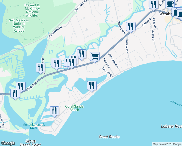 map of restaurants, bars, coffee shops, grocery stores, and more near Grusik Road in Westbrook