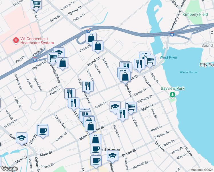map of restaurants, bars, coffee shops, grocery stores, and more near 184 Elm Street in West Haven