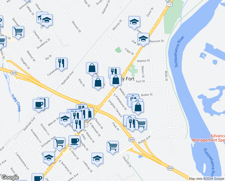map of restaurants, bars, coffee shops, grocery stores, and more near 21 East Pettebone Street in Forty Fort