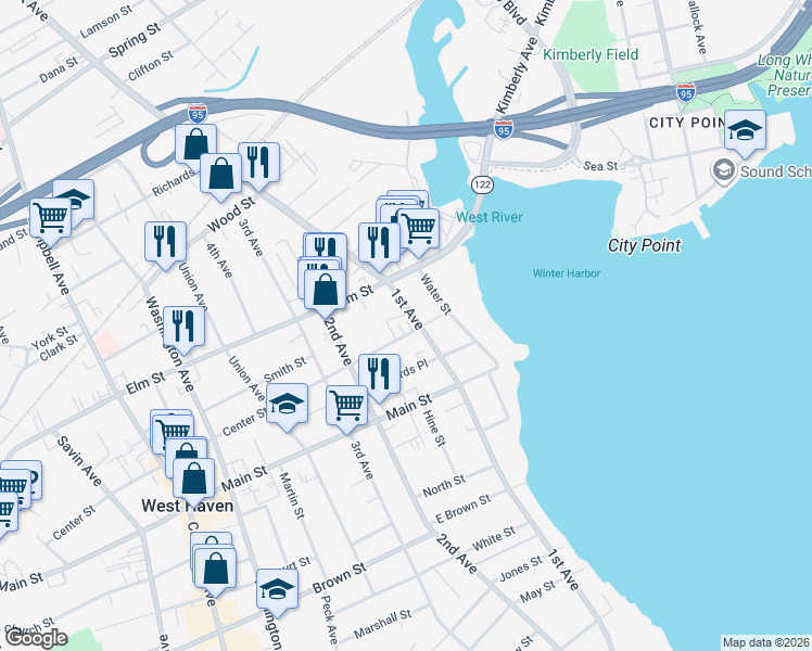 map of restaurants, bars, coffee shops, grocery stores, and more near 346 1st Avenue in West Haven